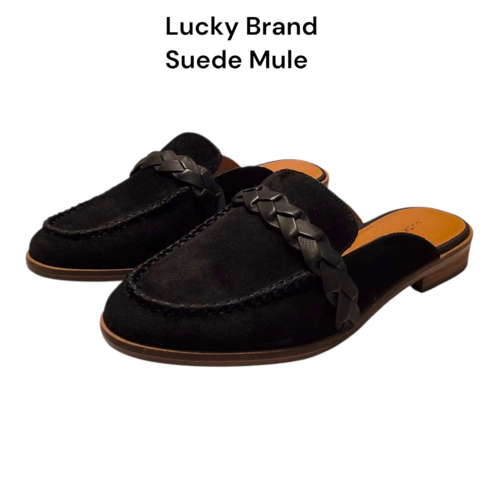 NEW Black Suede Cortez Mules with Braided Accent by Lucky Brand